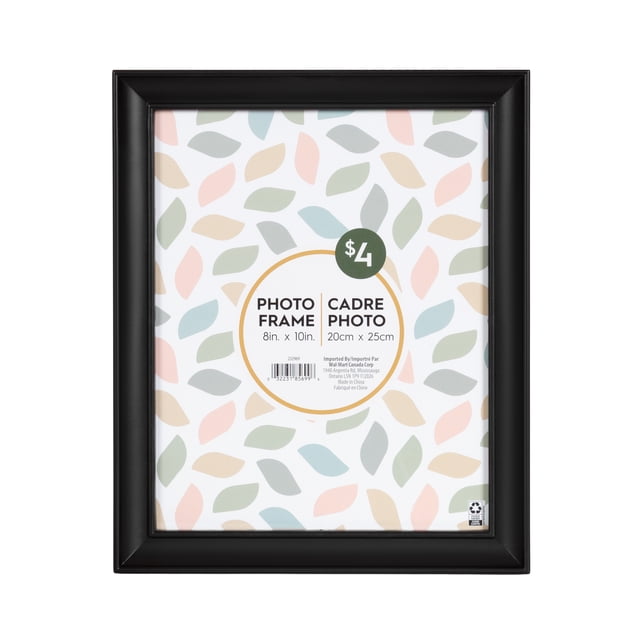 DesignOvation Nikolai 8" x 10" Black Picture Frame with a curved profile, shown from a centered front view holding a placeholder sheet with pastel leaf patterns and bilingual photo size text. It includes ready-to-hang wall hangers and an attached easel for tabletop display, suitable for vertical or horizontal photo presentation.