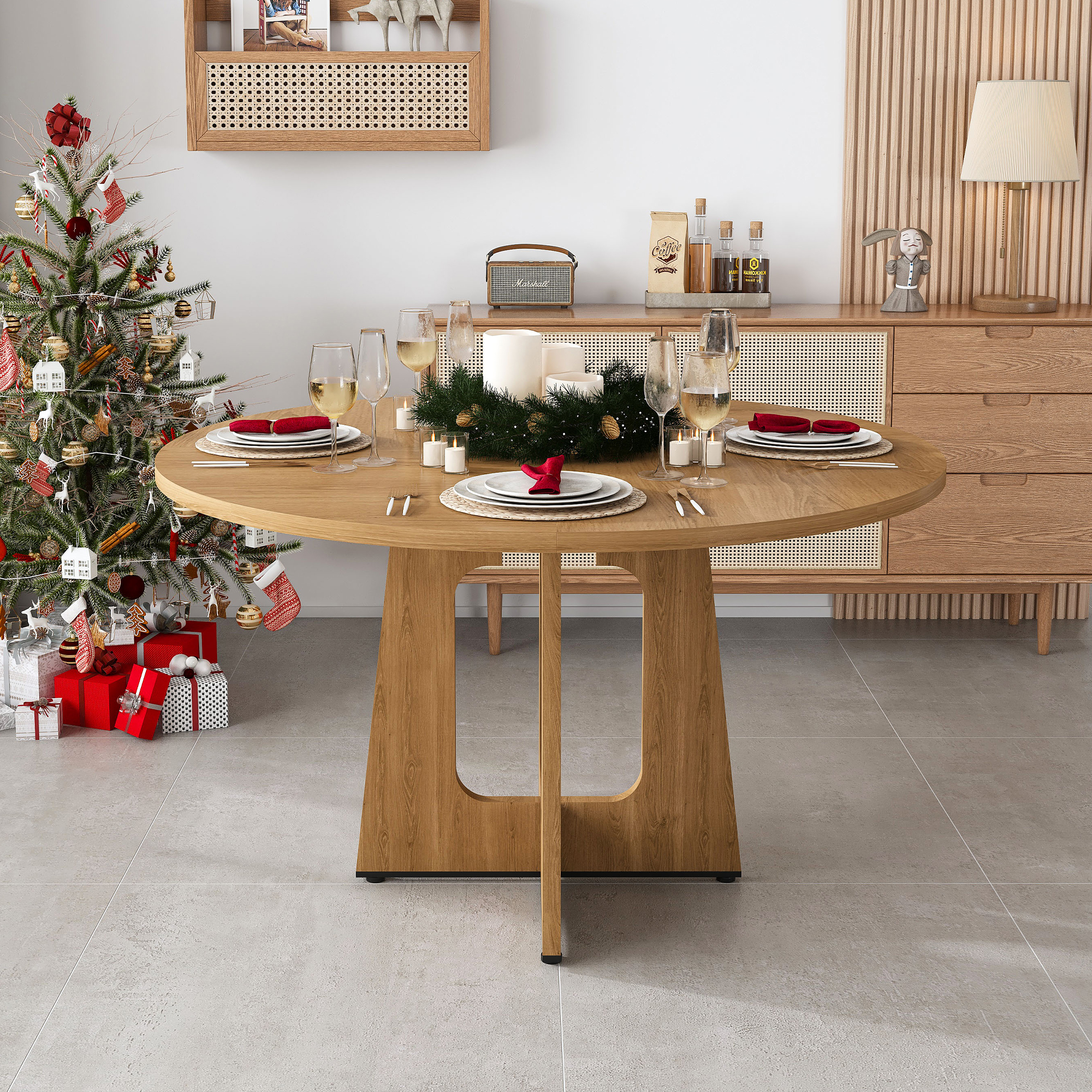 Noble House 47" Round Dining Table for 4,Farmhouse MDF Circle Table with Wood Grain Finish,Oak
