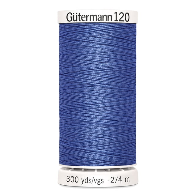 Gutermann 120 100% polyester all purpose thread spool in blue, tightly wound on a white plastic core labeled with brand and length 300 yards (274 meters), ideal for machine and hand sewing cotton, synthetics, and craft projects including home décor and mending.