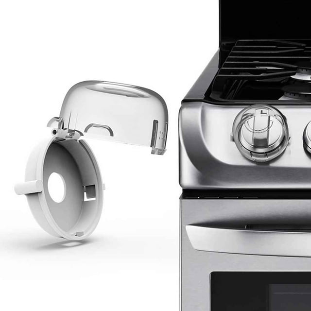 2pcs/4pcs Child Safeguard Lock Kitchen Cooker Oven Stove Knob Cover; a childproof safety device made of high-temperature resistant PS and ABS plastic to prevent children from turning stove knobs. Shown installed on a stainless steel oven with one cover open to display its locking mechanism.