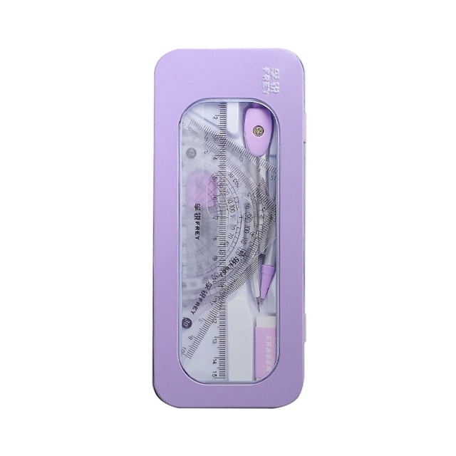 TopLLC Trousse de Géométrie Mathématique pour la Rentrée, Ensemble de Fournitures pour Étudiants 7 Pcs avec une Boîte de Rangement Violette Incassable. Comprend une Règle, un Rapporteur, Deux triangles, une Boussole pour Figurines, une Gomme et une Boîte de Noyaux en Plomb de 0,7 mm. l'Étui en Fer durable Présente une Fenêtre Transparente pour une Visibilité Facile des Outils, le Rendant Pratique à Transporter et à Ranger pour les Étudiants et les Enseignants.