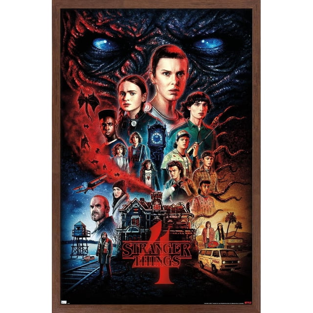 Netflix Stranger Things : Saison 4 - Affiche Murale en une Feuille, 22,375 Po x 34 Po Encadrée, Présentant un collage Détaillé de Personnages Principaux avec un Fond Sombre Montrant un Grand Visage Monstrueux aux Yeux Bleus Lumineux. l'Affiche Comprend une Tour de l'Horloge, une Maison Hantée et une Fourgonnette dans des Tons Rouge et Bleu, art Mural Idéal pour la Déco de la Maison et les Pièces à Thème.