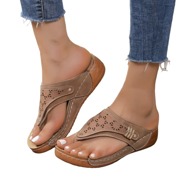 Women's Slip On Thong Sandals Comfortable Wedge Flip Flops Breathable Clip Toe Non Slip Platform Beach Sandal Brown Size 9.5