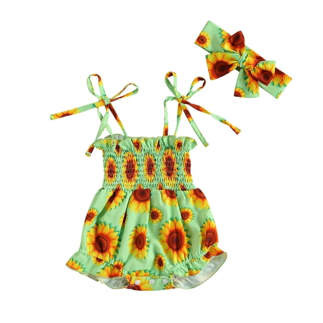Bébé Sans Manches Taille Haute Été Nourrissons Floral Romper + Bandeau