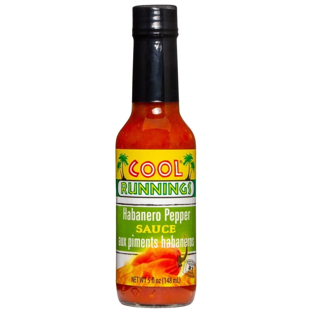 COOL RUNNINGS Habanero Pepper Sauce in a 148mL clear glass bottle with a black screw cap, featuring a yellow and green label with an image of habanero peppers, a spicy condiment ideal for adding heat to wings, sandwiches, and marinating meats and vegetables.