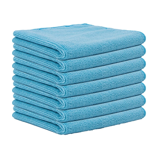 A stack of blue kitchen cleaning cloths, described as thickened and absorbent, suitable for dishwashing, wiping countertops, and removing stains. These multifunctional cloths are designed for durability and effective cleaning, including baby utensils. Each cloth measures 25 cm and is made from safe, chemical-free materials.