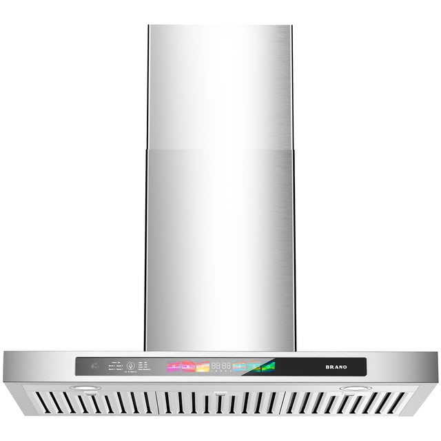 30 Inch Wall Mount Range Hood 900 CFM with Voice/Gesture/Touch Control by BRANO, shown in a front-facing view. Made of brushed stainless steel, it features a sleek, modern design with a digital control panel and adjustable lights. The hood includes a 4-speed exhaust fan for powerful suction and a memory mode for convenience. Suitable for ducted kitchen ventilation.