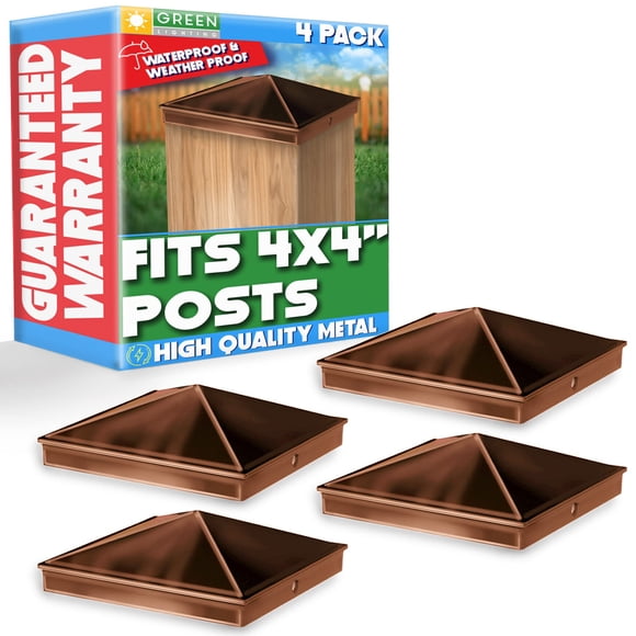 GreenLighting 4x4 Aluminum Pyramid Post Cap Cover (Brown 4 Pack) Fits 4x4 Nominal Wood (True 3.5 x 3.5) Powder Coated Matte Outdoor Post Caps Cover Fence Wood Post Decking Waterproof