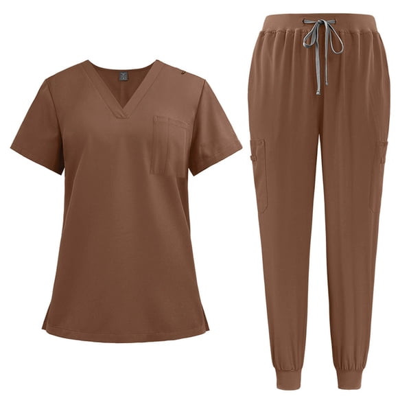 Nursing Uniforms Scrub Sets for Women 2 Piece Medical Outfits Quick Dry Short Sleeve V Neck Tops and Pants Workwear, Brown, M