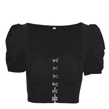TSADFHJI Fitted T Shirts for Women Women's Square Neck Hook Button Design Bubble Sleeve Simple Shirt Women's Summer Casual Breathable Short Sleeved Shirt Women Xl Black