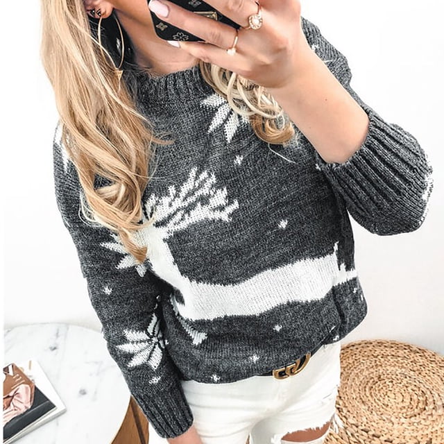 EGNMCR Chandail à Col Rond pour Femmes, Chandail pour Femmes Mode pour Femmes Imprimé de Noël Confortable à Manches Longues Chandail Ample Haut Chandail pour Femmes