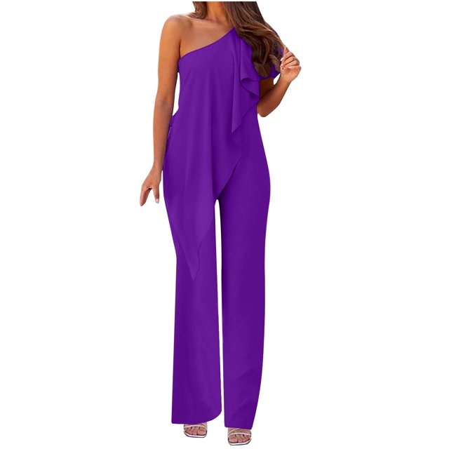 Besolor Women's 2024 Summer Casual Elegant Jumpsuits Ruffle a Shoulder Long Pants Wide Leg Rompers for Work Party