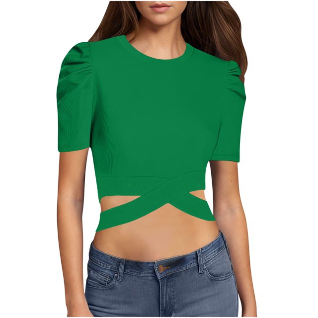 Pisexur Hauts pour Femmes, Hauts pour Dames, Hauts de Sortie pour Femmes, Hauts de Printemps pour Femmes 2025, Nouveau Haut Décontracté Uni à Col Rond et Manches Courtes pour Femmes Vert, P