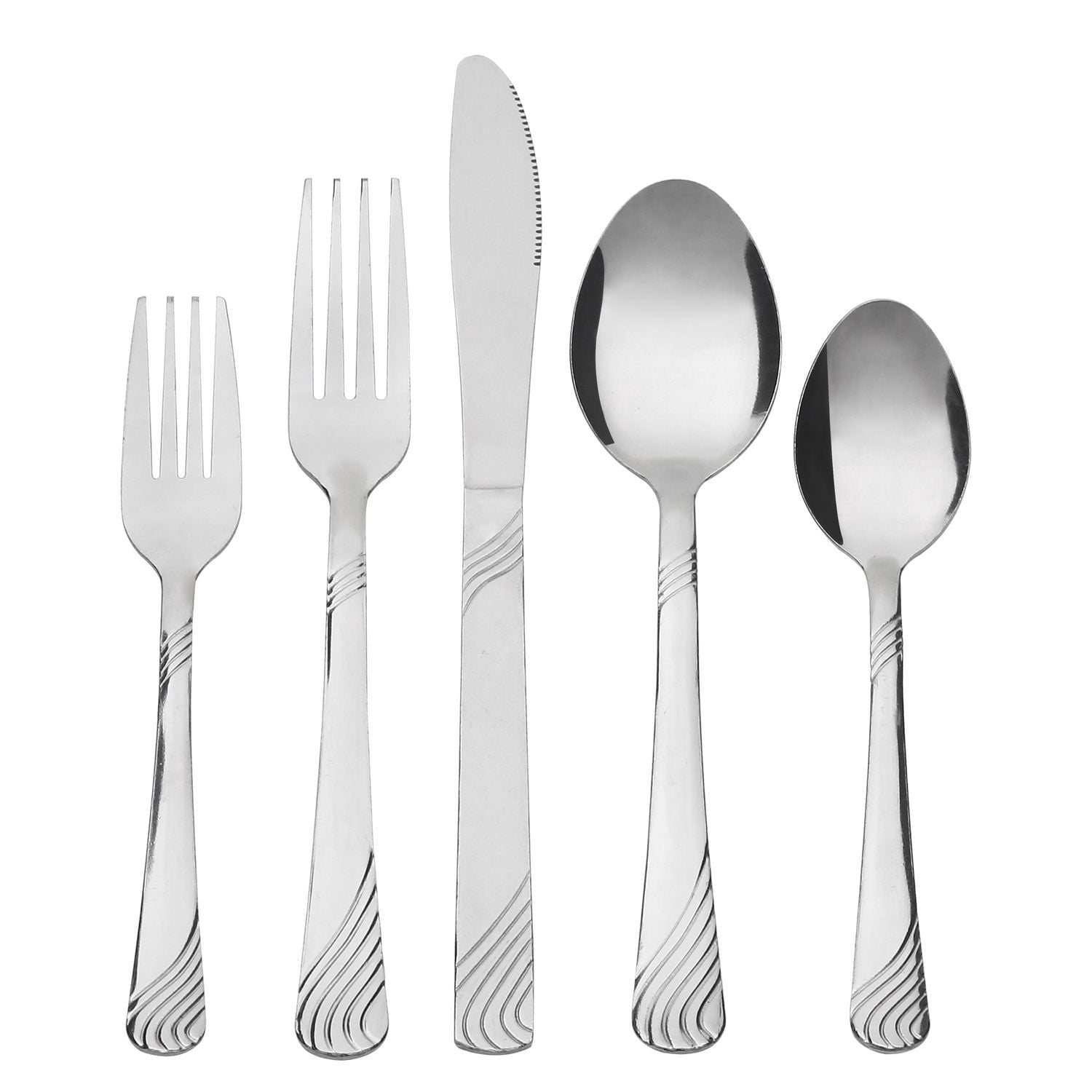 Ensemble de couverts en acier inoxydable Mainstays « Swirl » (48 pièces) avec plateau de rangement, argenté, service pour 8 personnes