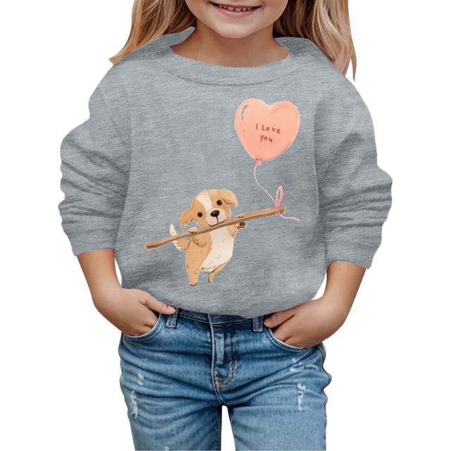 PMVFHDE Chandails à Col Rond Fille Automne et Hiver Saint-Valentin à la Mode et Intéressant Imprimé Chiot Chandail à Capuchon pour Enfants Gris, 4-5 Ans