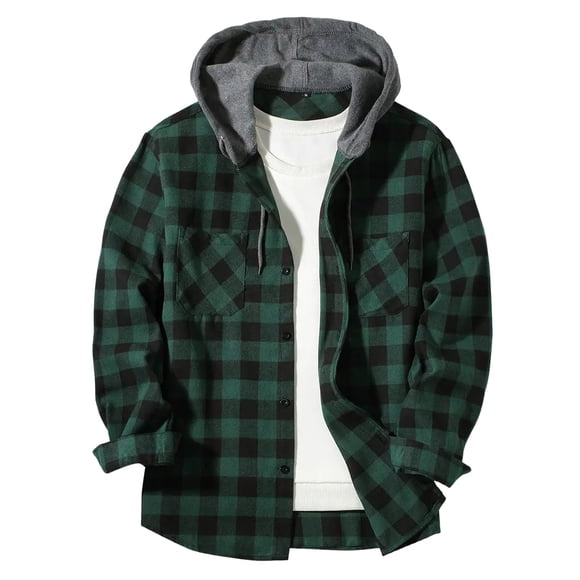 Ccpelsie Long Sleeve Shirts for Men Fall Button Down Plaid Hoodie Jackets Casual Flannel Comfort Stylish Hooded Tops(Dark Green,L)