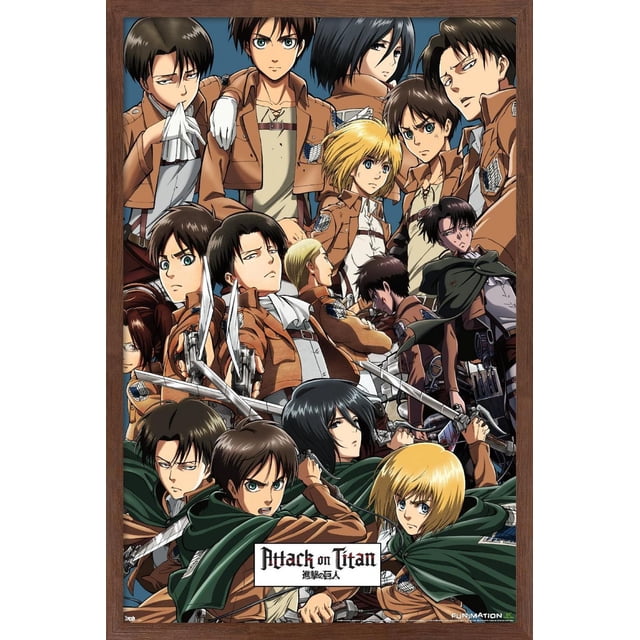 Attack on Titan - Affiche Murale Collage, 22,375 Po x 34 Po Représentant Plusieurs Personnages d'Anime en Vestes de Corps d'Exploration Brunes et Capes Vertes Tenant des Épées dans une pose de Groupe Dynamique sur un Fond Bleu, Imprimée sur Papier Lustré avec un Cadre en Bois, Convient pour Décorer des Chambres, des Résidences Étudiantes Ou des Bureaux.