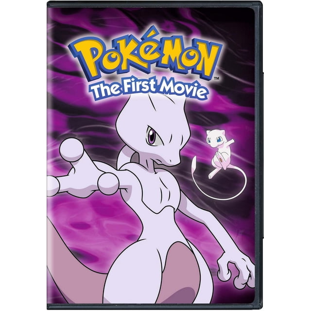 Pokemon The First Movie: Mewtwo Strikes Back DVD cover featuring a centered, front-facing Mewtwo with an outstretched hand and intense purple eyes, set against a swirling purple and black background with Mew floating nearby, illustrating the iconic battle between these legendary Pokemon.
