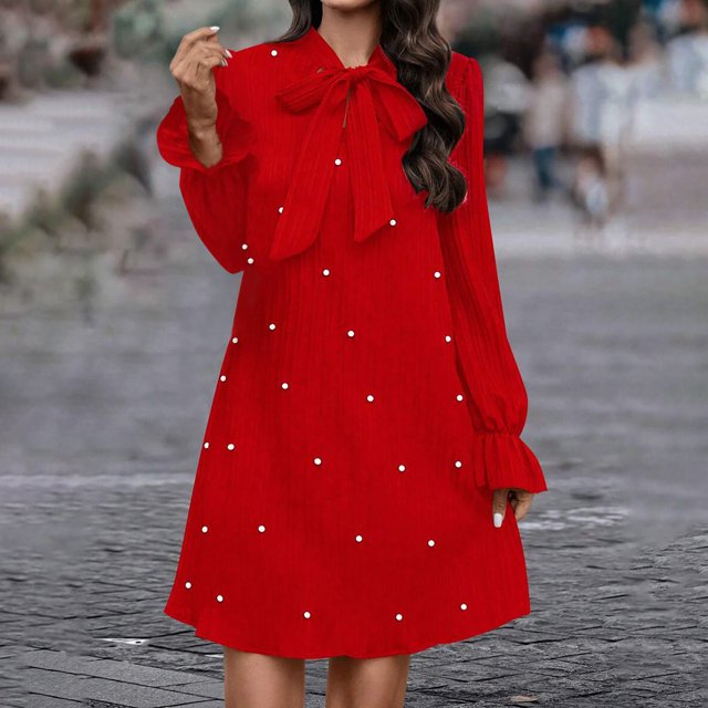 Ovzne Robes d'Été pour Femmes Robe de Printemps Décontractée à Lacets Perlée Manches Longues Couleur Unie Ample avec Nœud Robe de Printemps Manches Longues Liquidation