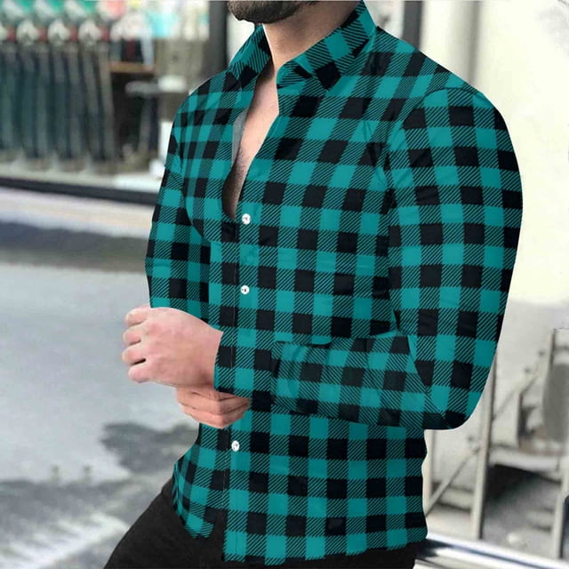 Timdgard Button down Shirts for Men Fall Plaid Lapel V Neck Long Sleeve Shirts Work Casual Tops