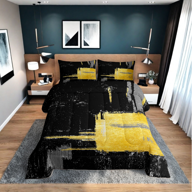 Erosebridal Modern Minimalst Bedding Full Comforter Set, Black Gold Down Comforter, Geometry Stripes Decor, Reversible