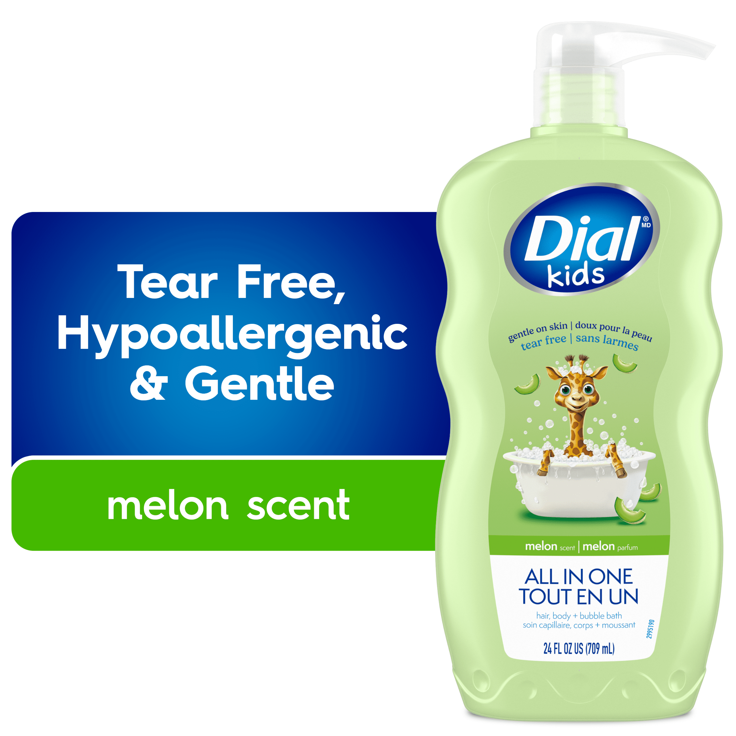Nettoyant pour les cheveux et le corps et bain moussant tout-en-un Dial Kids, parfum de melon, 709 ml, hypoallergène, sans larmes, testé par des dermatologues, sans silicones, parabènes ni phtalates