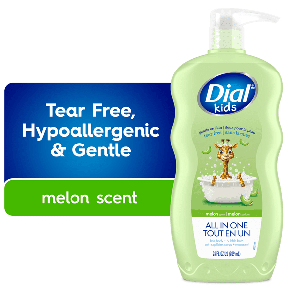 Dial Kids All in One Hair, Body Wash and Bubble Bath, Melon Scent, 709ml, Hypoallergenic, Tear Free, Pediatric Dermatologist Tested, Free from Silicones, Parabens, Phthalates, 1 bottle