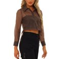 thumbnail image 4 of INSPIRE CHIC Chemisier à Col Pointu en Maille Transparente à Manches Longues pour Femmes TP Marron, 4 of 6