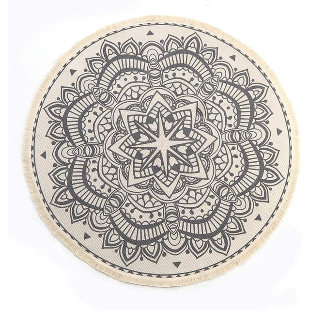 4 Ft Cotton Rugs Round Washable Chic Bohemian Mandala Hand Woven Round Rugs featuring a detailed black mandala pattern on a beige background. This round area rug, made of cotton with polyester fiber blend, is machine washable and designed for durability and high water absorption. Suitable for living rooms, bedrooms, children's rooms, and bathrooms.
