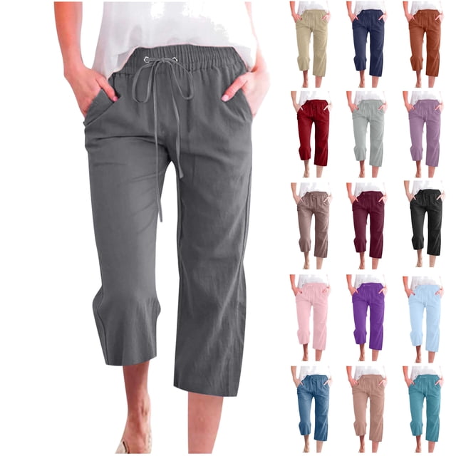 QATAINLAV Cotton Linen Capris for Women Loose Fit Cropped Trousers Drawstring Waisted Wide Leg Straight Pant Solid Color Capri Pants with Pockets Blusas, Purple, L
