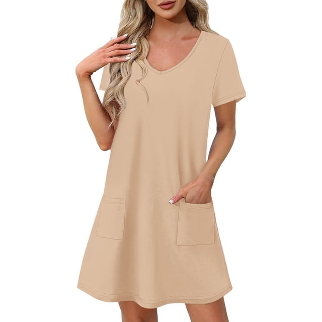 Liquidation d'Été 2025! Robe Grande Taille pour Femmes, Liquidation d'Été pour Femmes, Mode Féminine Robe d'Été Unie à Manches Courtes Col en V Décontractée