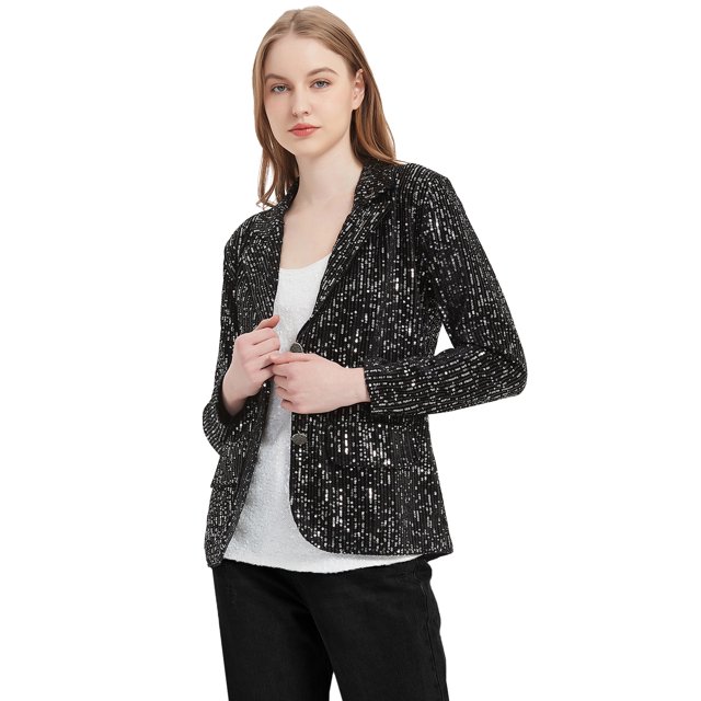 Women's Evening Sparkle Sequins Open Front Long Sleeve Blazer Jacket