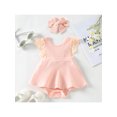 thumbnail image 2 of Faithtur Newborn Girl Romper Outfits, Sleeveless Lace Patchwork Solid Color Dress Style Romper + Cute Headband Set, 2 of 9