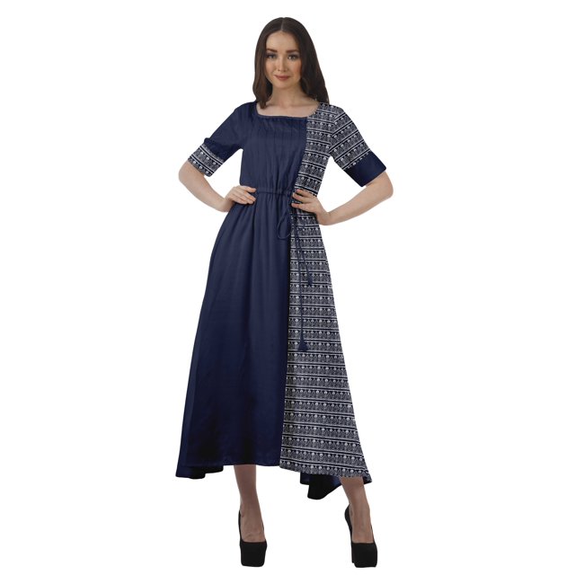 Moomaya Robe Midi en Viscose à Manches Courtes Imprimée Style Santoon à Taille à Cordon pour Femmes