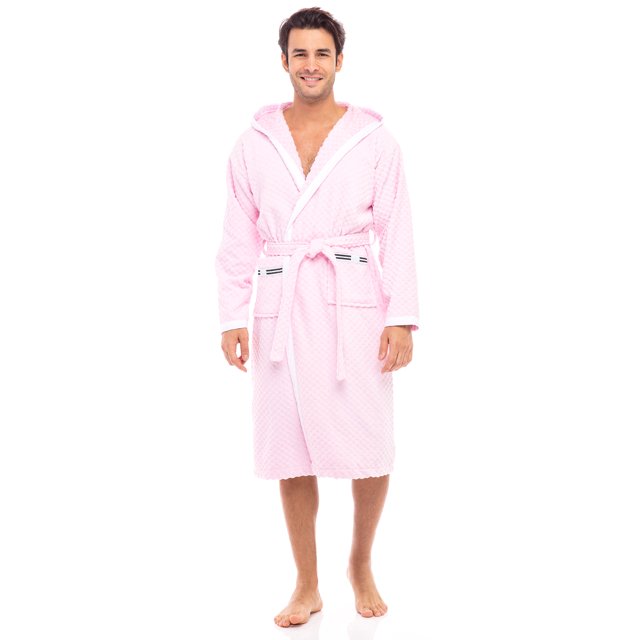 Men's Waffle Wave Hooded Robe Spa Robes 100% Terry Cotton Bathrobes Calf Length Pink XL