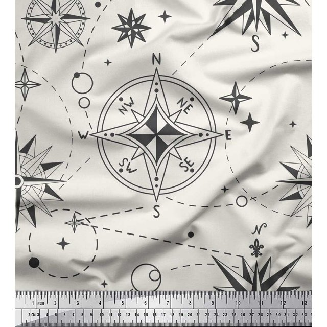 Soimoi White Moss Georgette Fabric Direction Compass Nautical Print Fabric by Yard 42 Inch Wide