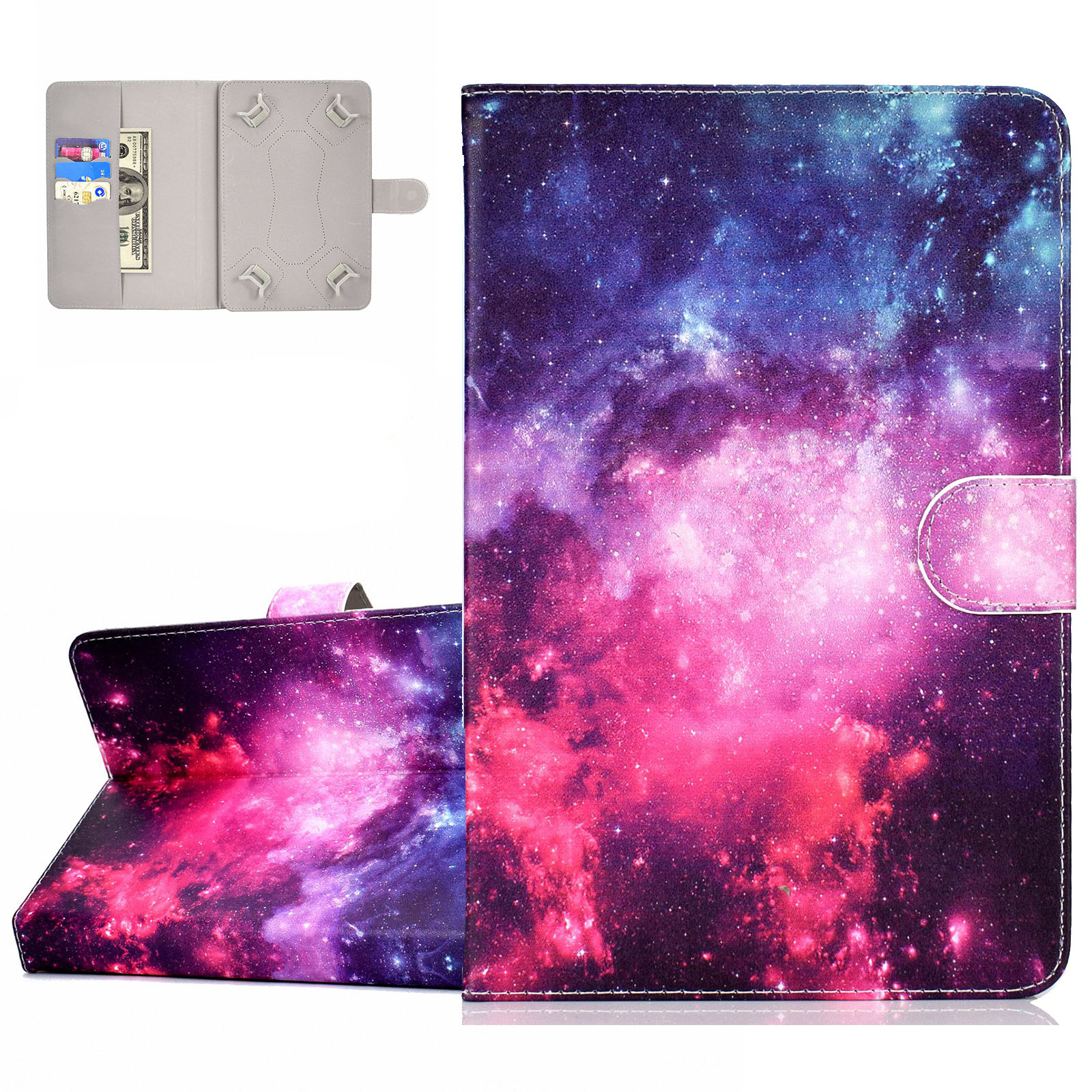 Universal Case for 8/8.3/8.4 In Tablet, Stand Wallet Case for Galaxy Tab A,E,S,4,3 8.0 8.4"/ HD 8/ Lenovo Tab M8,E8,2,3,4 8"/ HUAWEI T1,T5,M2,M3,M5 8" 8.4"/ Android Tablet 8 Inch (Pink Purple Galaxy)