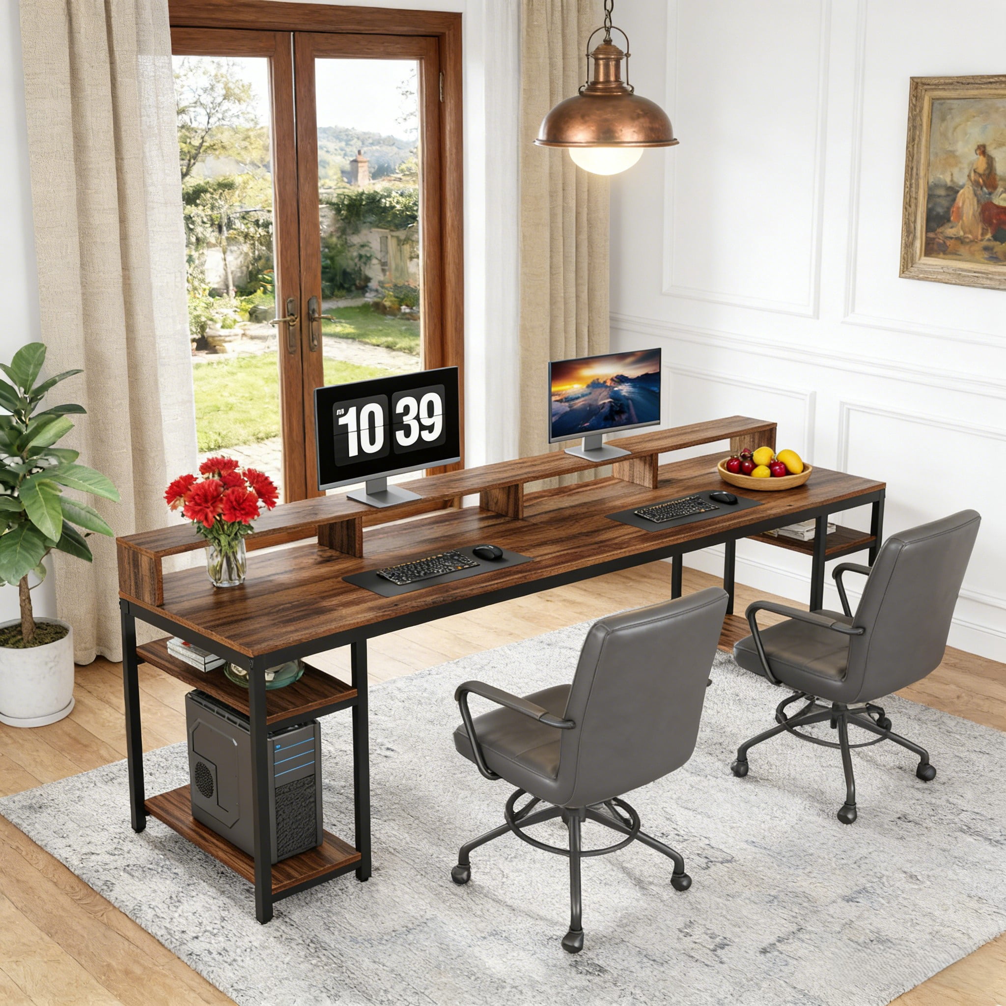 Fnova 78.74" Long Computer Desk with Monitor Stand and Storage Shelves, Industrial Home Office Writing Desk for 2, Brown