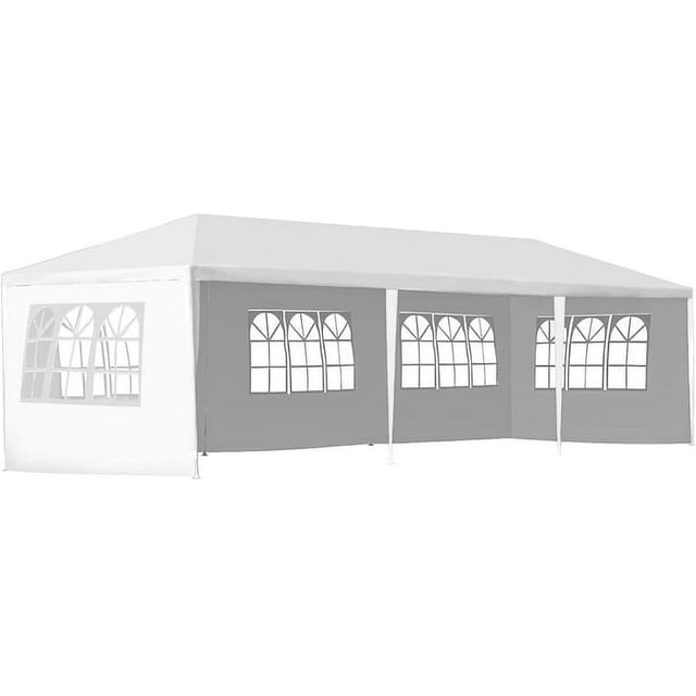 FDW Tente de Fête Extérieure Robuste 10 X 30 Pi avec 5 Panneaux Latéraux en Blanc. Présente un design Spacieux pour jusqu'à 50 Invités, Auvent en Polyéthylène durable et Cadre en Acier Résistant à la Rouille. Comprend des Panneaux Latéraux Amovibles avec Fenêtres pour la Circulation d'Air et la Visibilité. Convient aux Mariages, BBQ, camping et Autres Événements Extérieurs.