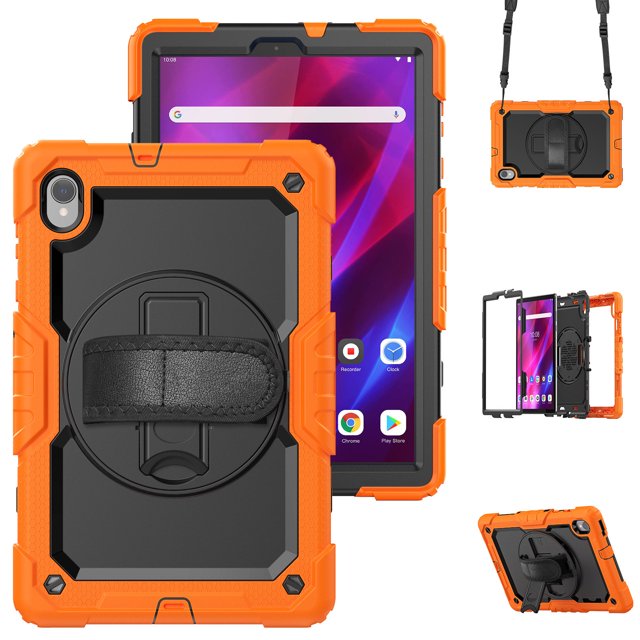 Case for Lenovo Tab K10 10.3 Inch / M10 FHD Plus 2020 2nd Gen with Screen Protector, 360 Degree Rotating Kickstand Hand Strap Heavy Duty Shockproof Cover with Shoulder Strap, Orange