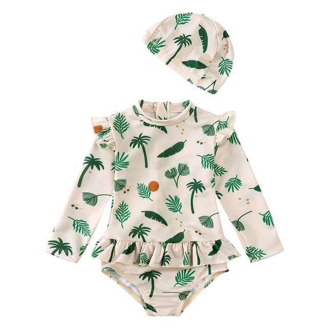 Little Girls Rash Guard Swimsuit Flower Graphic Printed Sun Protection Long Sleeve Girls Bathing Suit Size 5-6 Years