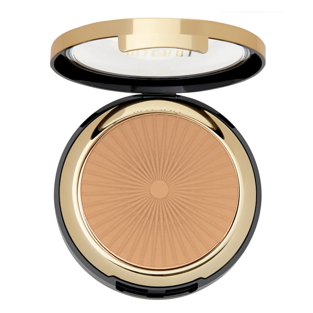 Milani Silky Matte Bronzing Powder in an open round compact with gold trim and black base, showing a light brown matte bronzer embossed with a sunburst pattern, suitable for buildable contour and all-over warmth with a lightweight, blendable texture.