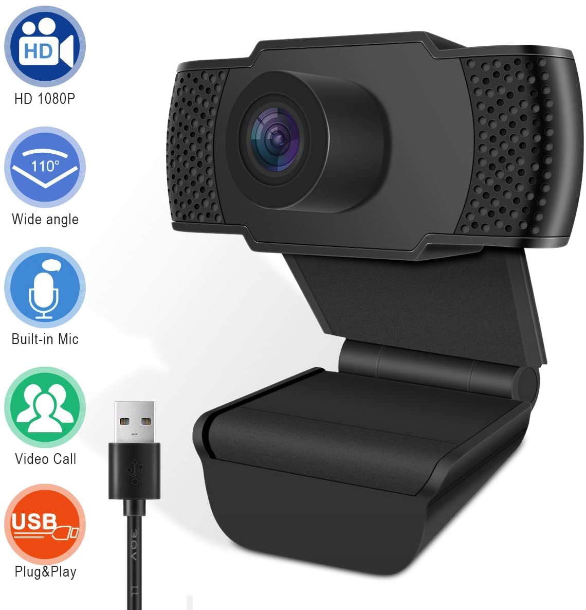 1080P HD Webcam with Microphones, Live Streaming Widescreen Webcam with USB Plug and Play Web Camera for PC Laptop Desktop