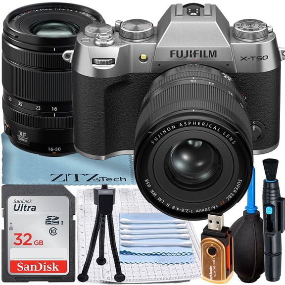 FUJIFILM X-T50 Appareil Photo Sans Miroir (Argent) avec Objectif XF 16-50 mm + Carte Mémoire SanDisk 32 Go + Ensemble d'Accessoires ZeeTech