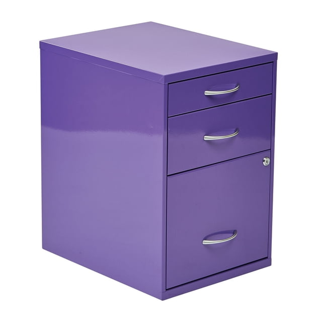 OSP Designs 22” purple metal file cabinet with three drawers including a pencil drawer, a standard drawer, and a keyed file drawer for letter and legal documents, featuring silver handles and a smooth finish, suitable for student bedrooms or study areas.
