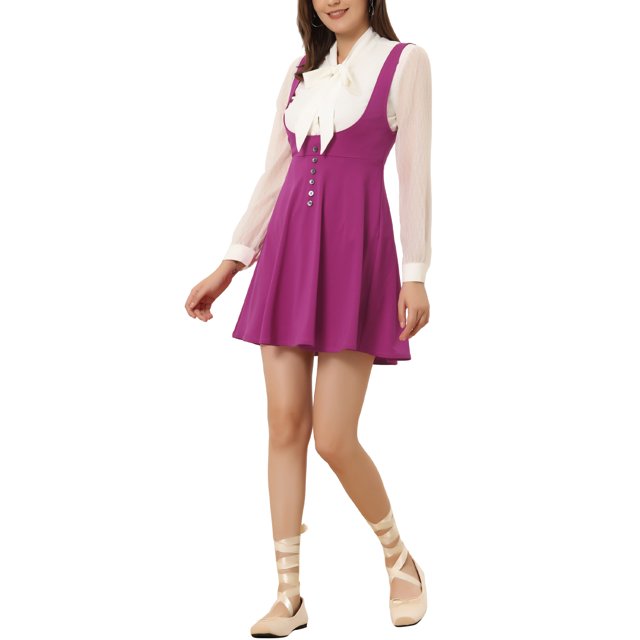 Unique Bargains Women's XS Button Decor Flared Hem Above Knee Suspender Skirt, Purple