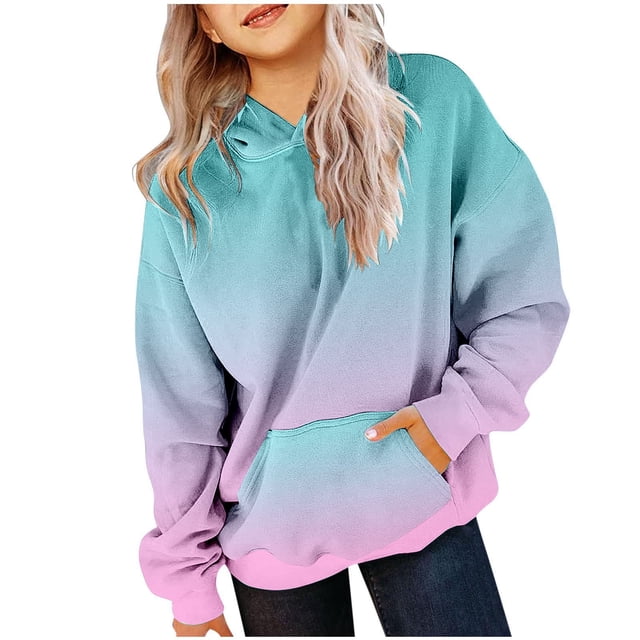 MIASHUI Girls Sweatshirt Tops Gradient Long Sleeve Oversized Hoodies Pullover,Mint Green,7-8 Years