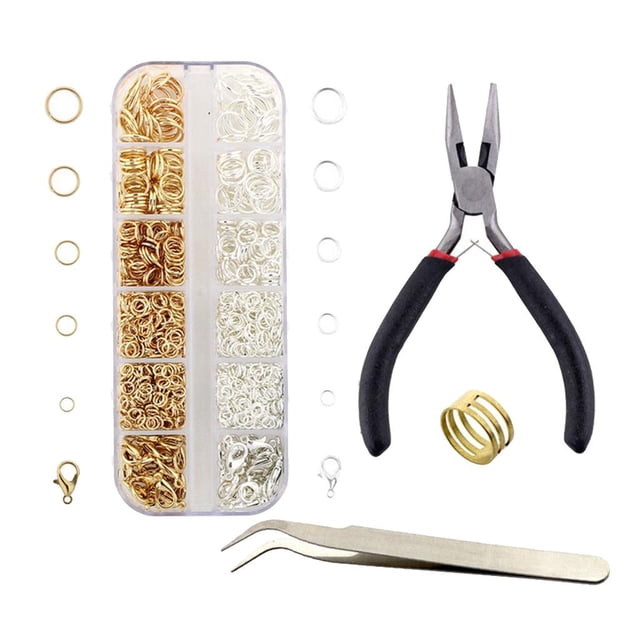 KLKCMS 1 Set Jewelry Making Kit with tools for jewelry repair and crafting, including pliers, tweezers, and a jump ring opener. Comes with gold and silver lobster clasps and open jump rings in sizes ranging from 0.7x4mm to 1.0x10mm. Perfect for DIY jewelry projects such as beading, earrings, necklaces, and bracelets.