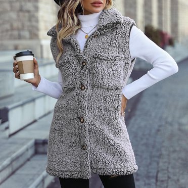 Qertyioot Gilets pour Femmes Femmes Couleur Unie Col à Revers Chaud Peluche Sans Manches Long Ample Manteau Décontracté