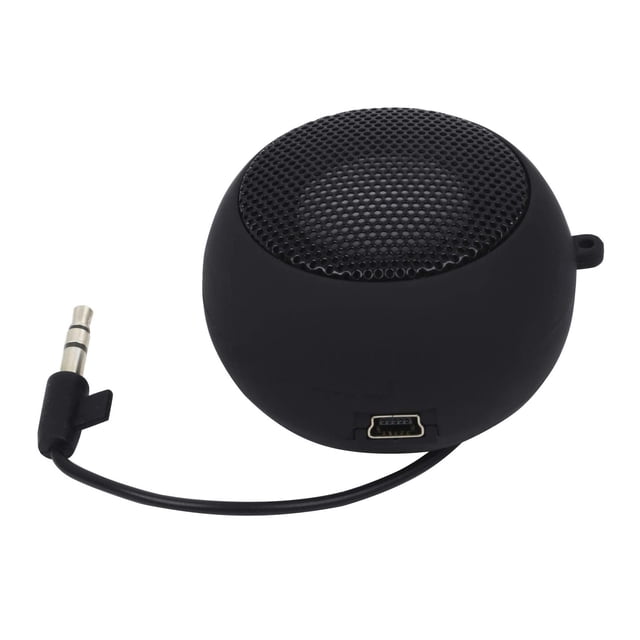 Mini Haut-Parleur Portable Rechargeable Haut-Parleur de Voyage avec Entrée AUX Filaire Prise Casque 3,5 mm. design ABS Noir Compact avec Fonction de Torsion-Écart pour l'Extension. Comprend une Batterie lithium-ion Rechargeable Intégrée d'Une Durée jusqu'à 6 Heures et un Câble d'Insertion de 3,5 mm Rangé Soigneusement dans la base. Comprend un port de Chargement USB, un Indicateur d'Alimentation à DEL et un Champ Sonore à 360 Degrés. Taille d'Environ 52x52x3,8 mm.